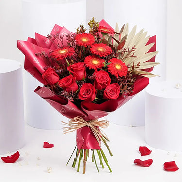 A Beautiful Dream Flowers Bouquet, Red Gerbera, Red Rose, Palm Leaf, Purple Limonium, Eucalyptus, Beautifully Wrapped